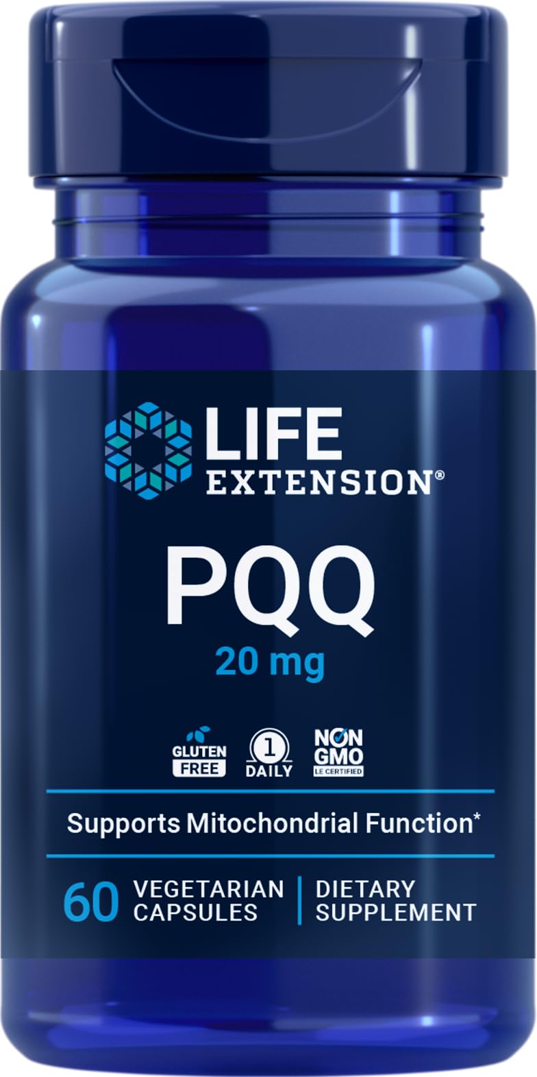 Life Extension PQQ 20 mg bottle closeup, highlighting a potent antioxidant and energy-support option.