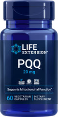 Life Extension PQQ 20 mg bottle closeup, highlighting a potent antioxidant and energy-support option.