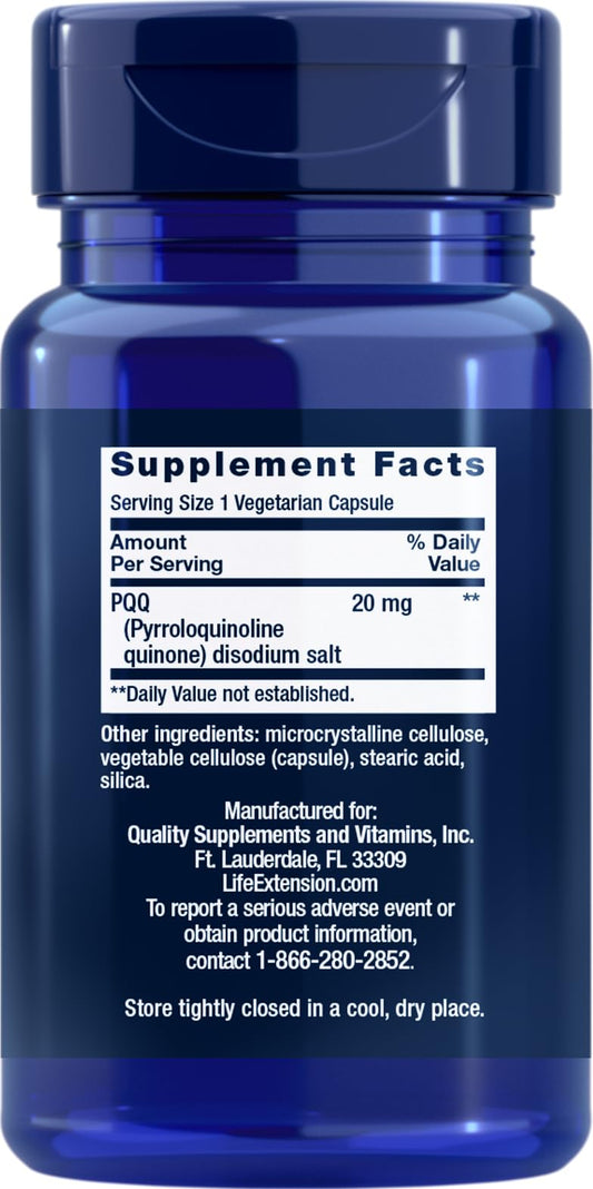 Life Extension PQQ 20 mg capsules closeup, showing a gluten-free, non-GMO supplement.
