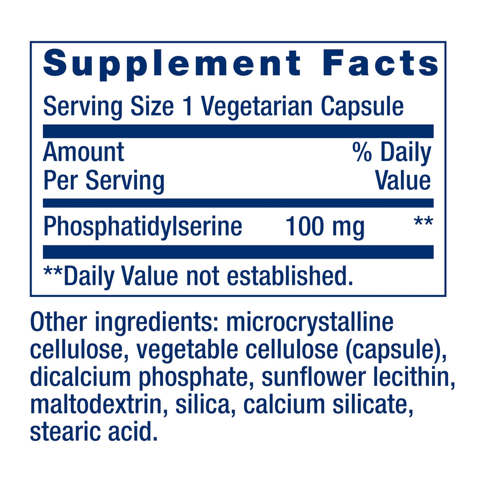 Life Extension PS Caps label shows 100 mg PS per capsule for memory and focus.