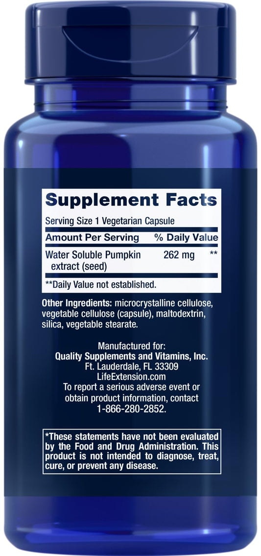 Life Extension Water-Soluble Pumpkin Seed Extract capsules for convenient daily use.