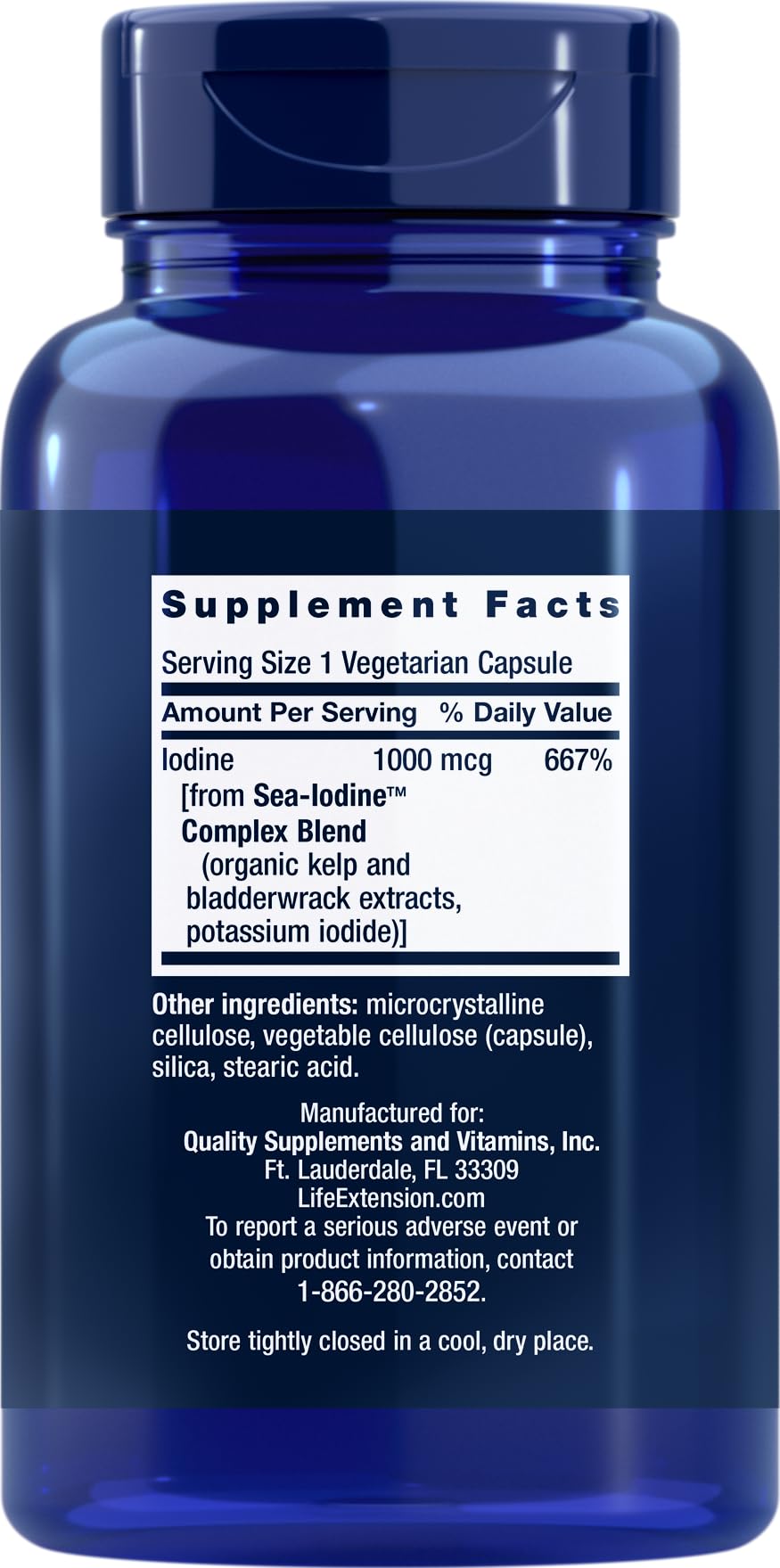Life Extension Sea Iodine bottle side view with easy-to-swallow capsules.
