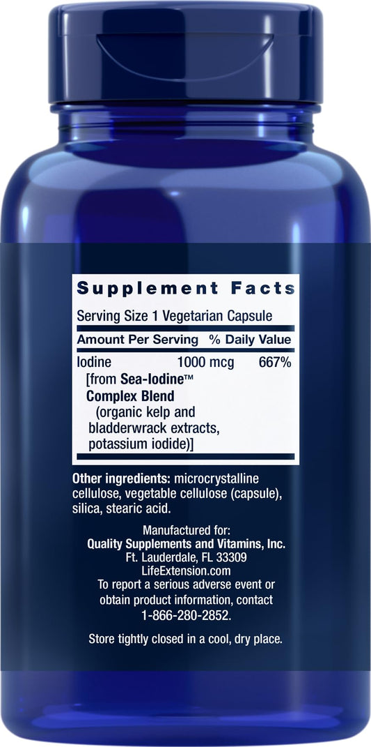 Life Extension Sea Iodine bottle side view with easy-to-swallow capsules.