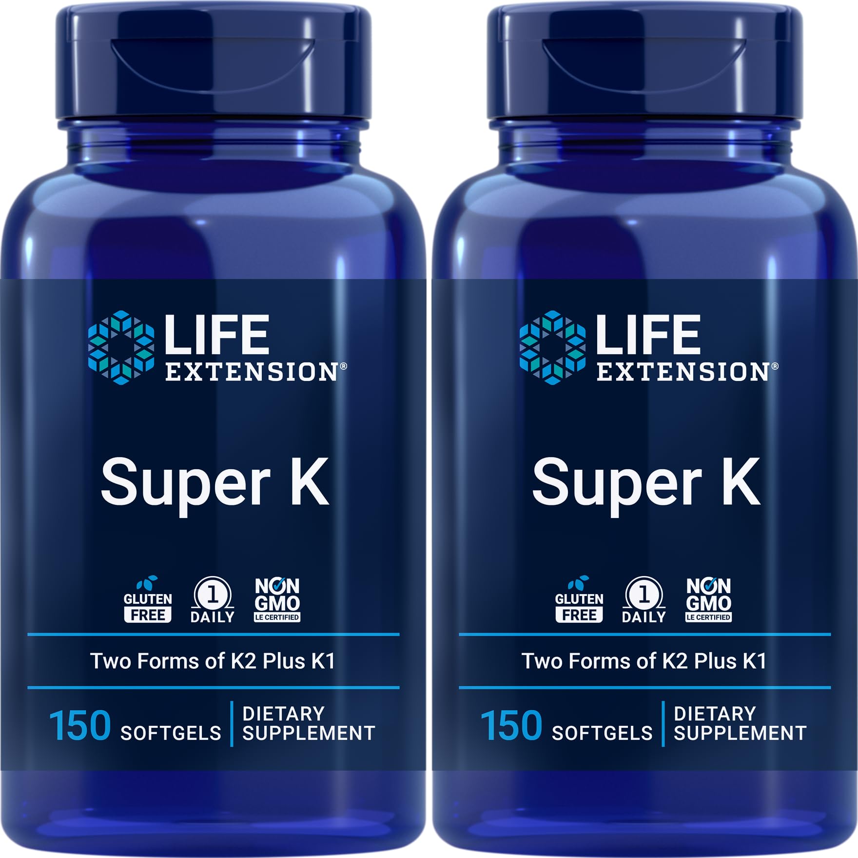 Life Extension Super K bottle front view, convenient daily softgel.