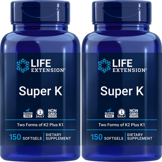 Life Extension Super K bottle front view, convenient daily softgel.