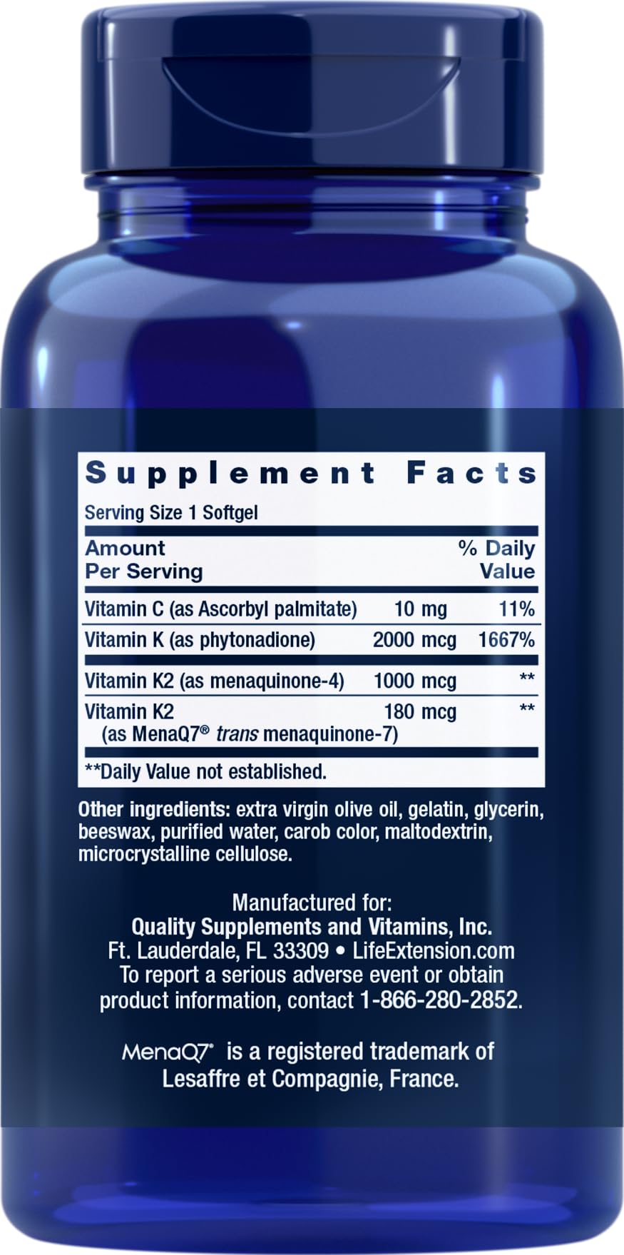 Life Extension Super K bottle label shows K1, MK-4, and MK-7.
