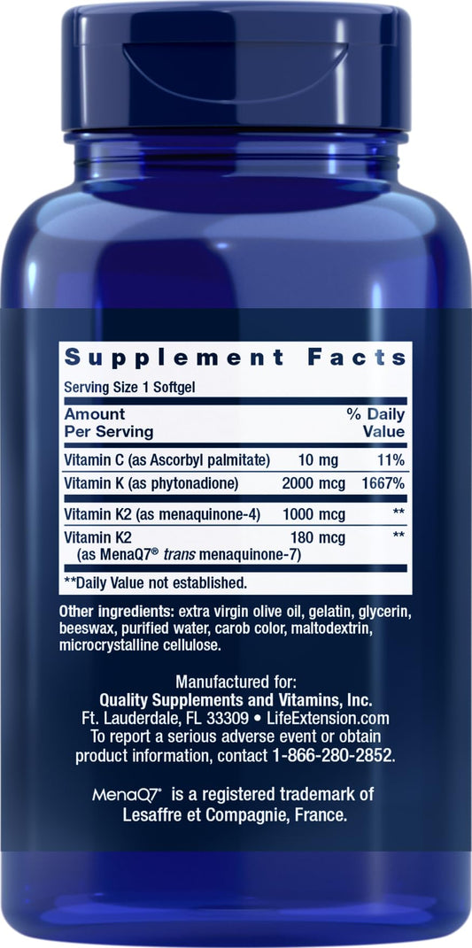 Life Extension Super K bottle label shows K1, MK-4, and MK-7.
