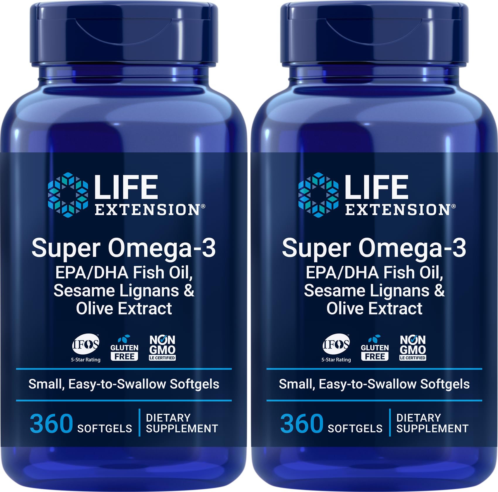 Life Extension Super Omega-3 bottle showing 360 softgels for easy, daily supplementation.