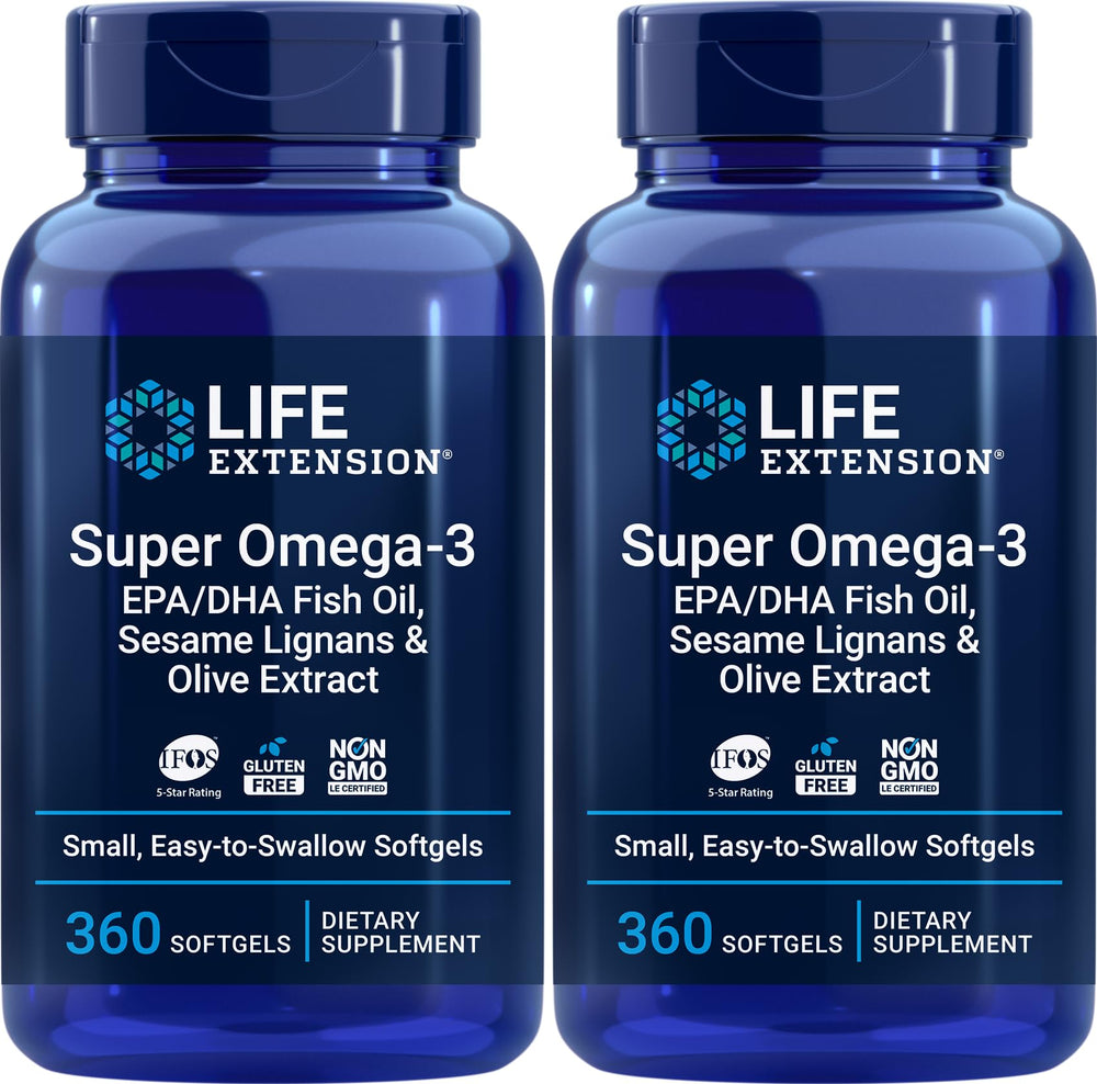 Life Extension Super Omega-3 bottle showing 360 softgels for easy, daily supplementation.