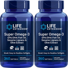 Life Extension Super Omega-3 bottle showing 360 softgels for easy, daily supplementation.