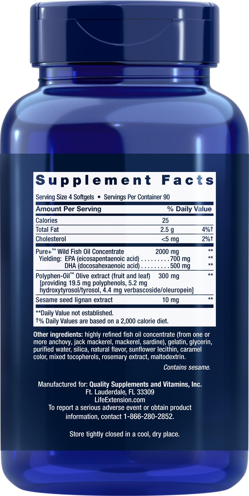 Close-up of Life Extension Super Omega-3 softgels highlighting compact, easy-to-swallow design.
