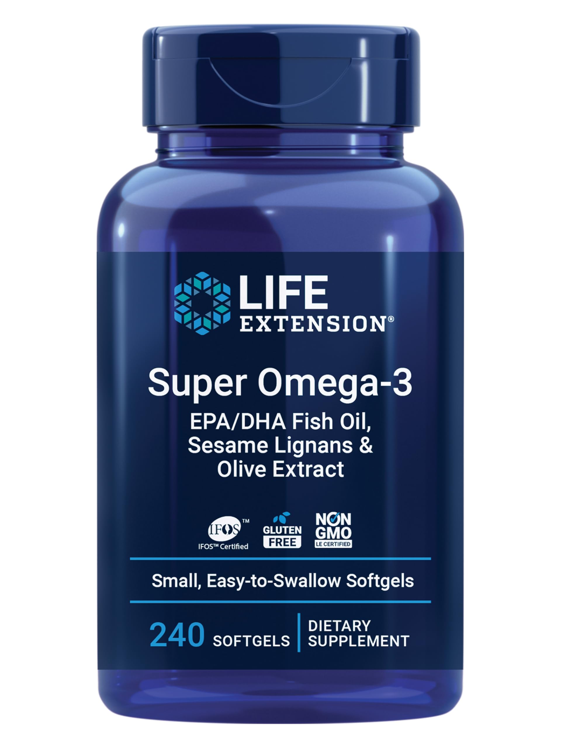 Life Extension Super Omega-3 bottle close-up highlighting softgels for heart and brain support