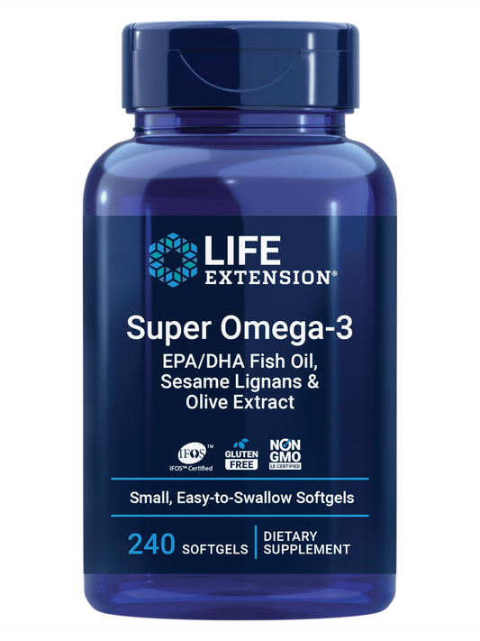 Life Extension Super Omega-3 bottle close-up highlighting softgels for heart and brain support