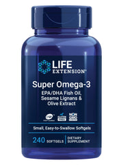 Life Extension Super Omega-3 bottle close-up highlighting softgels for heart and brain support