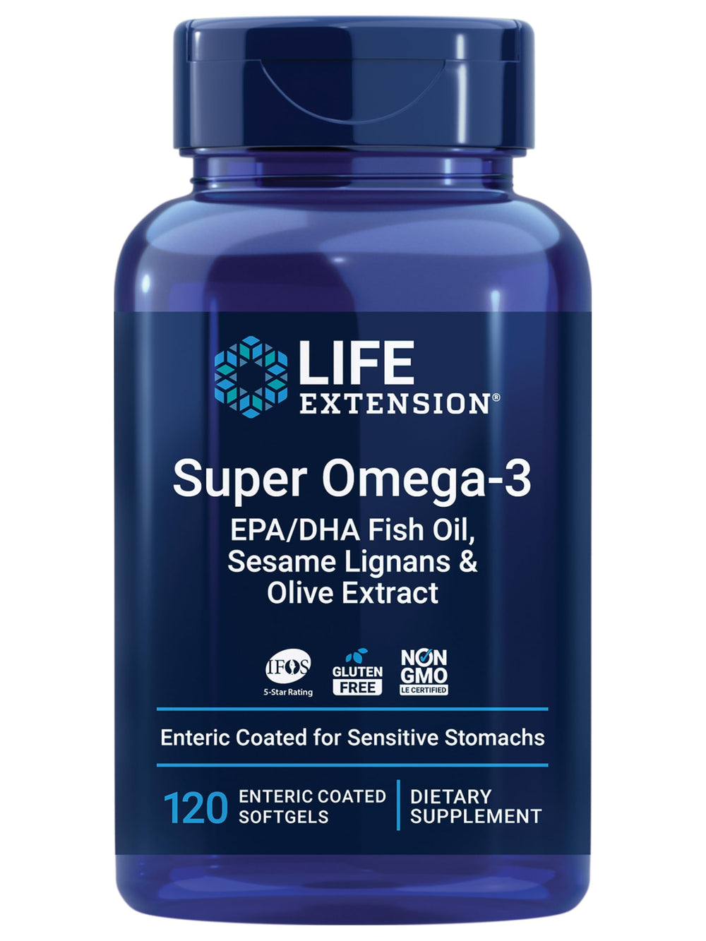 Life Extension Super Omega-3 bottle front shows pure fish oil for daily heart and brain support.