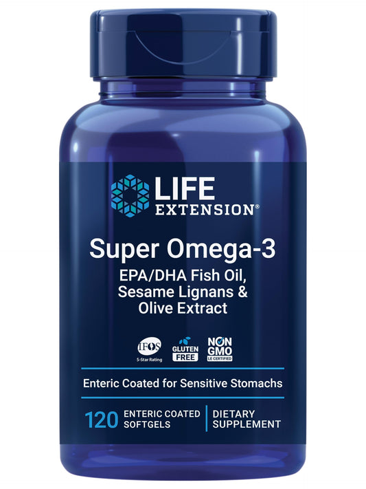 Life Extension Super Omega-3 bottle front shows pure fish oil for daily heart and brain support.