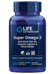 Life Extension Super Omega-3 bottle front shows pure fish oil for daily heart and brain support.