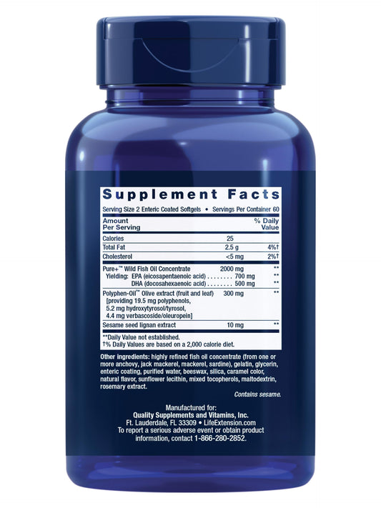 Life Extension Super Omega-3 capsules closeup highlighting enteric-coated softgels for digestion comfort.