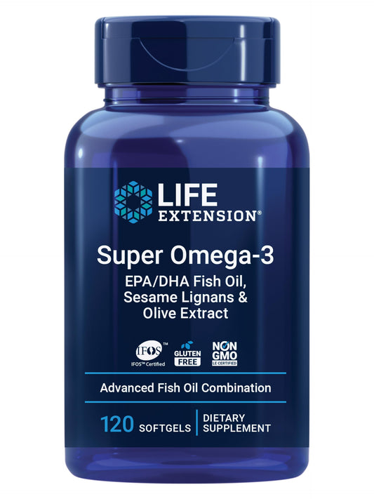 Life Extension Super Omega-3 bottle label highlights EPA and DHA for daily brain support.