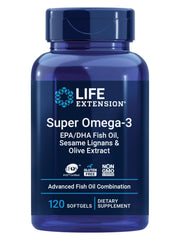 Life Extension Super Omega-3 bottle label highlights EPA and DHA for daily brain support.