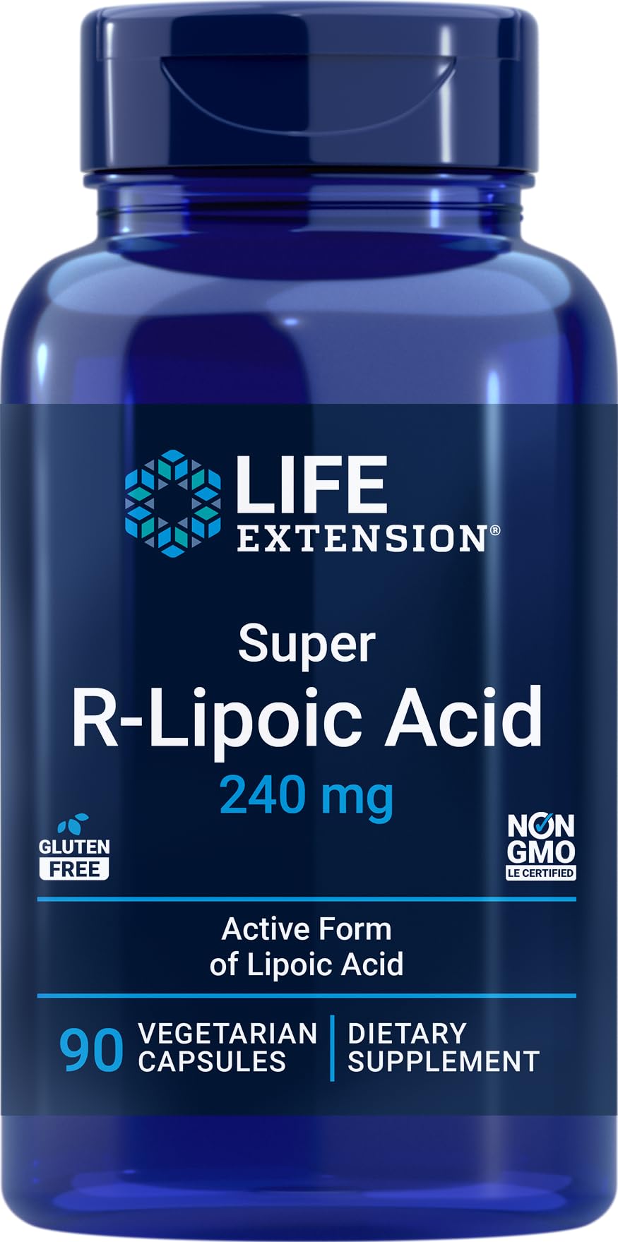 Life Extension Super R-Lipoic Acid 240 mg bottle with capsules for daily energy support.