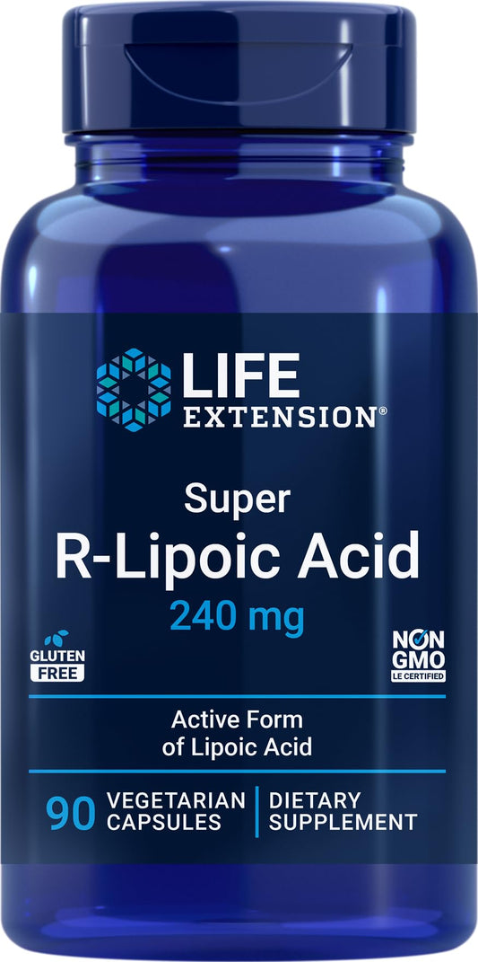 Life Extension Super R-Lipoic Acid 240 mg bottle with capsules for daily energy support.