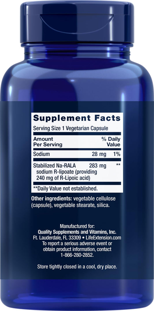 Life Extension Super R-Lipoic Acid capsules highlight the active R form for bioavailability.
