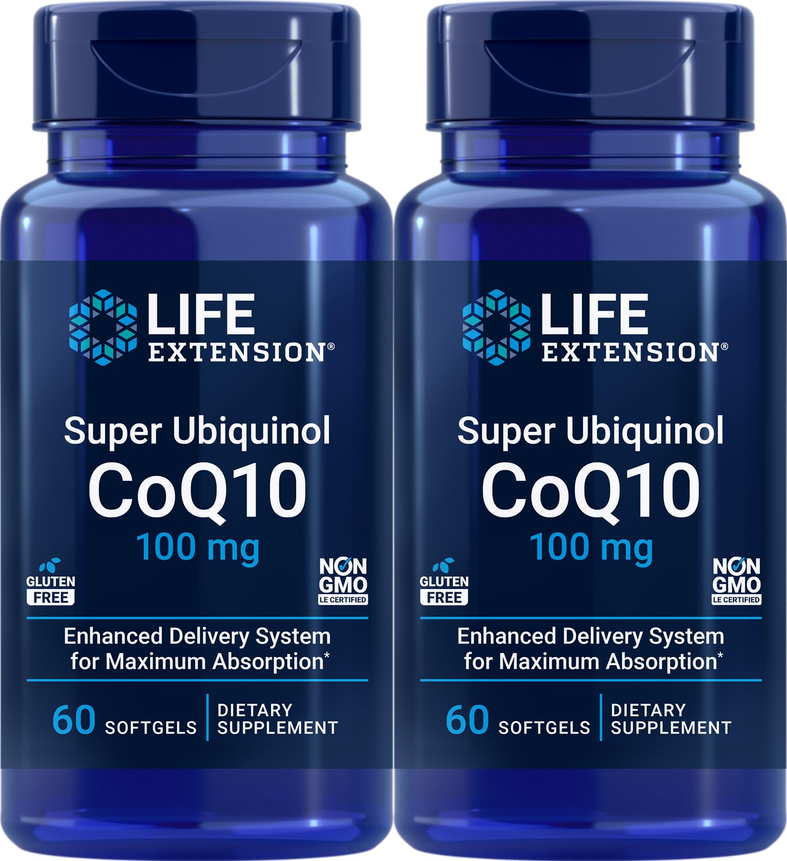 Life Extension Super Ubiquinol CoQ10 bottle front with two-pack packaging for energy support