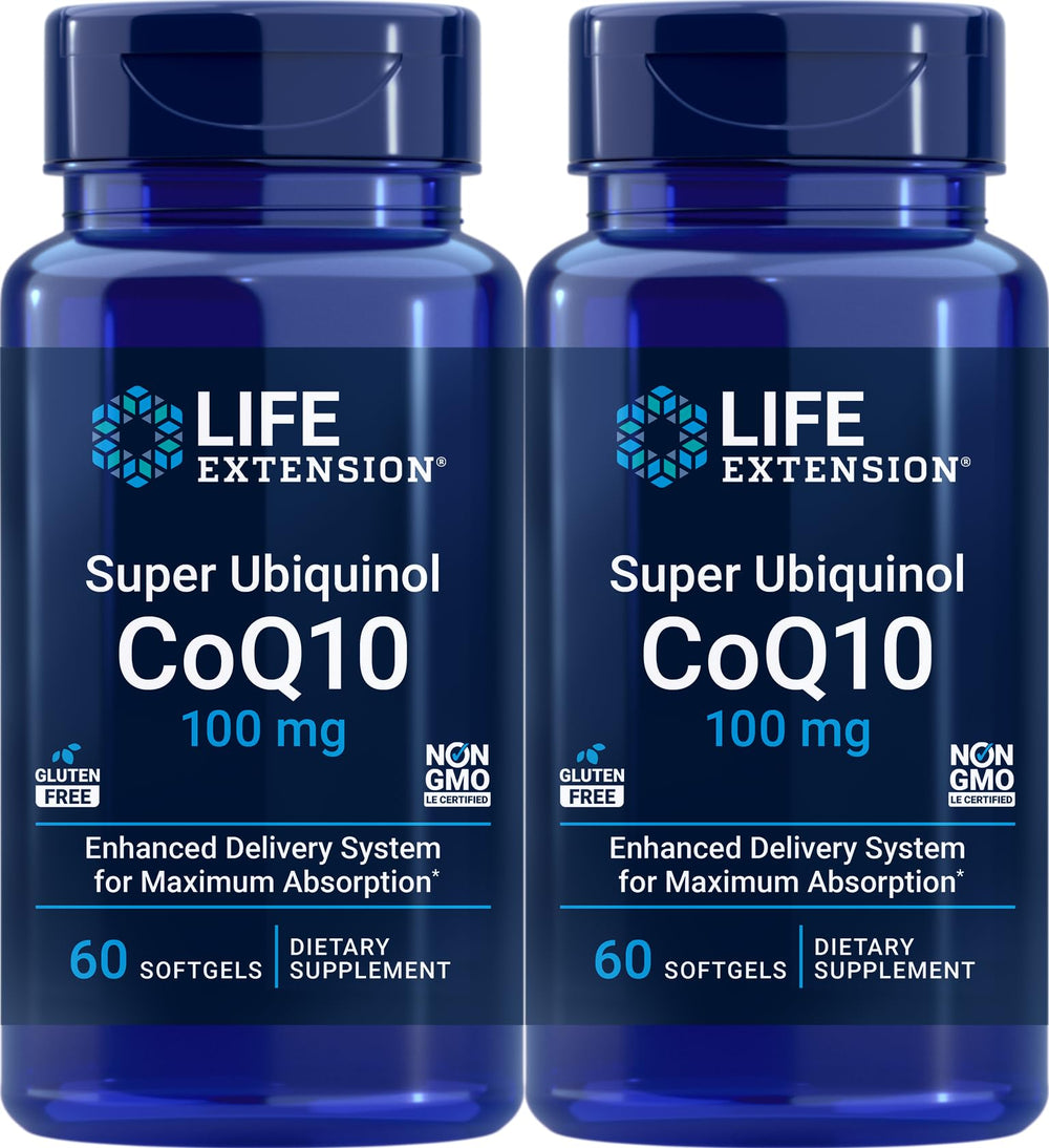 Life Extension Super Ubiquinol CoQ10 bottle front with two-pack packaging for energy support