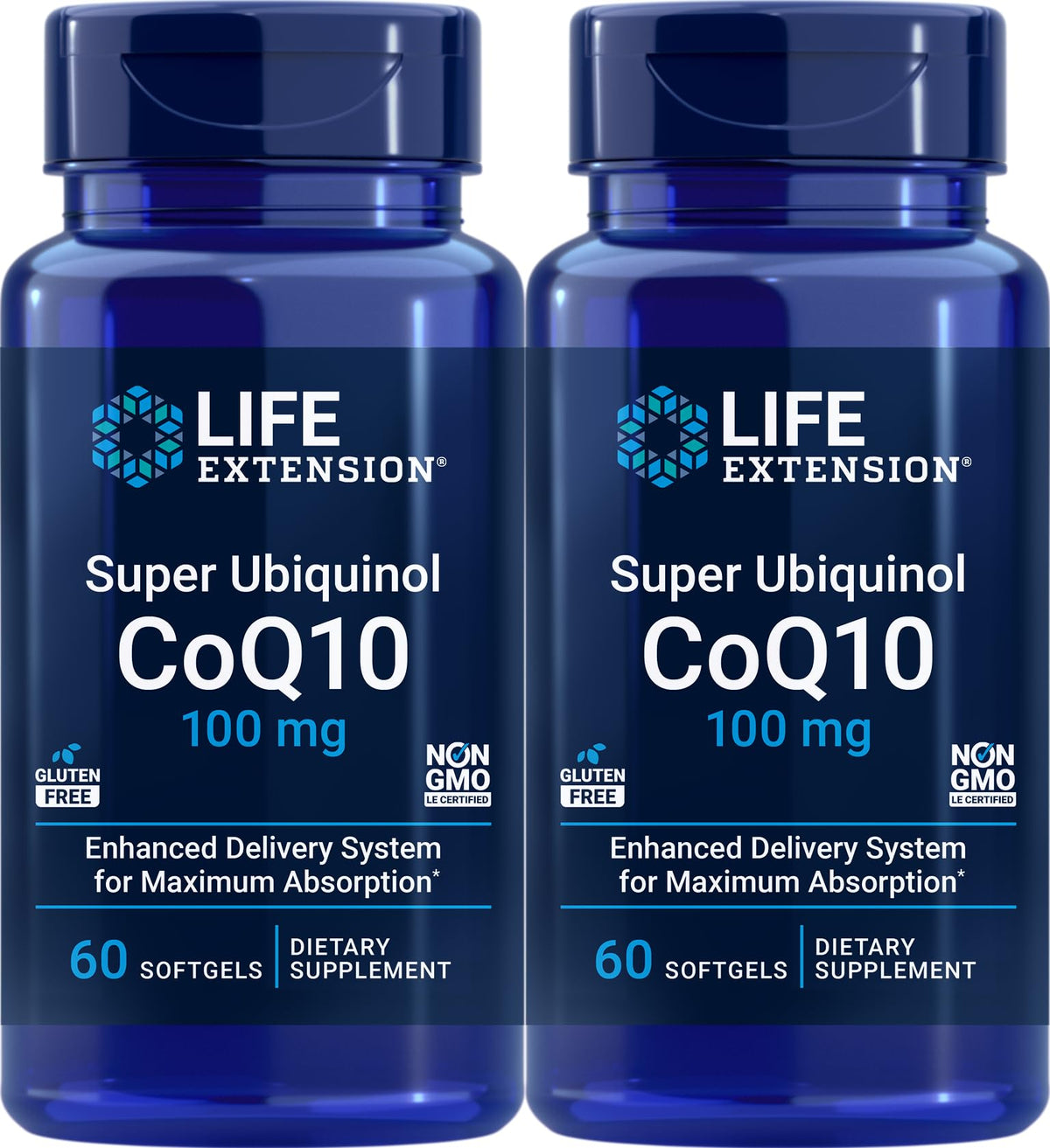 Life Extension Super Ubiquinol CoQ10 bottle front with two-pack packaging for energy support