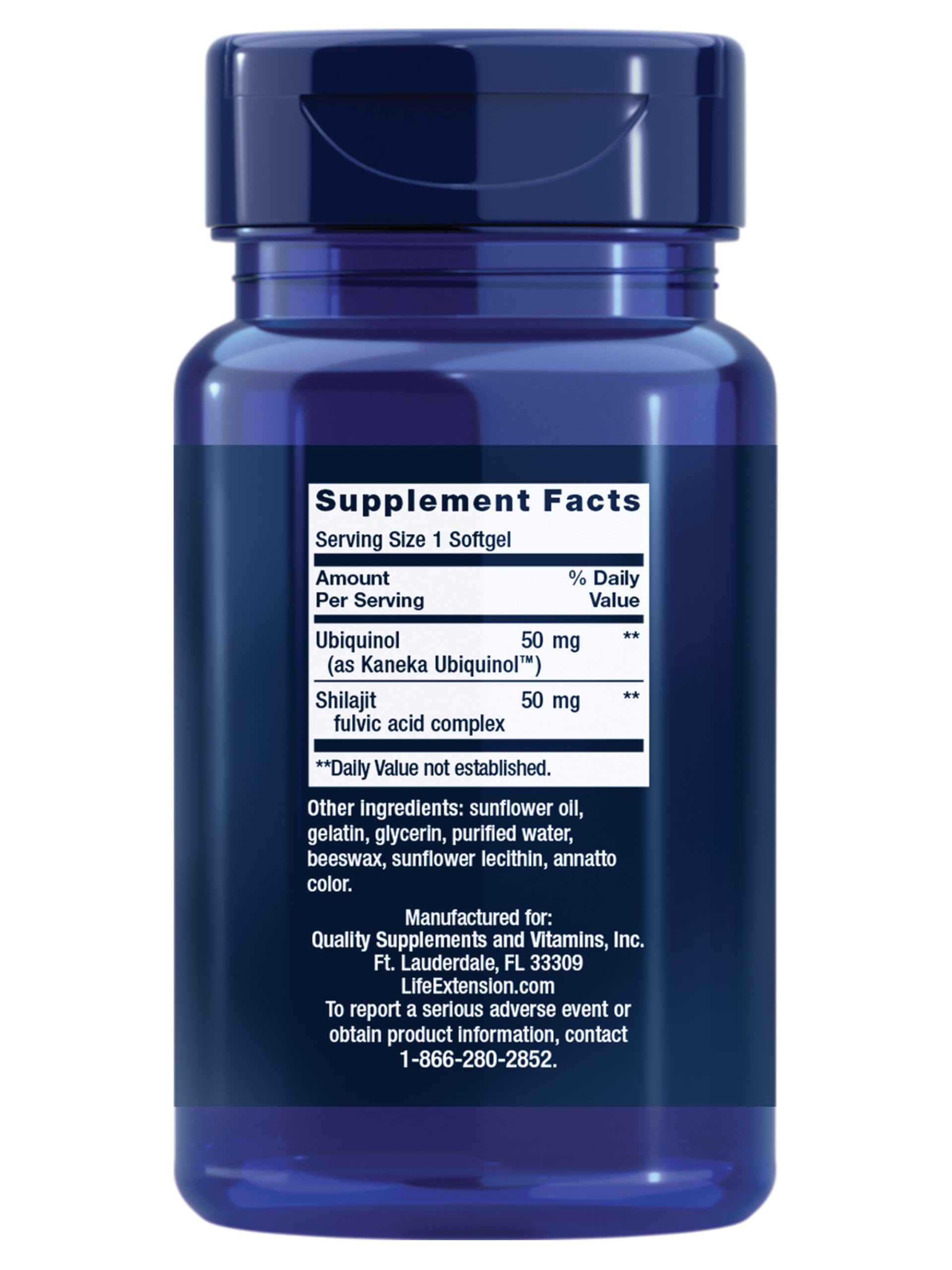 Life Extension Super Ubiquinol CoQ10 bottle back shows dosage and ingredients.
