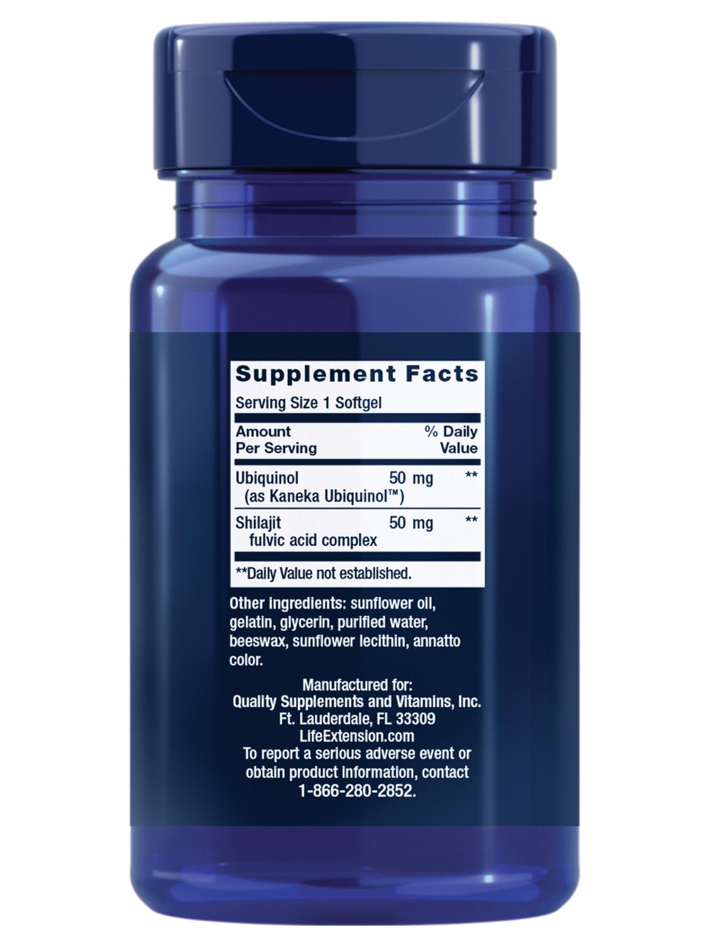 Life Extension Super Ubiquinol CoQ10 bottle back shows dosage and ingredients.