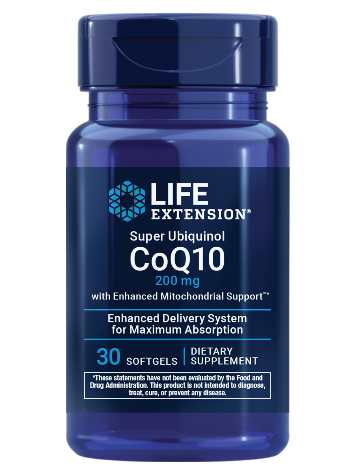 Life Extension Super Ubiquinol CoQ10 bottle on table, highlighting easy daily energy support.