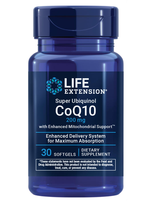 Life Extension Super Ubiquinol CoQ10 bottle on table, highlighting easy daily energy support.