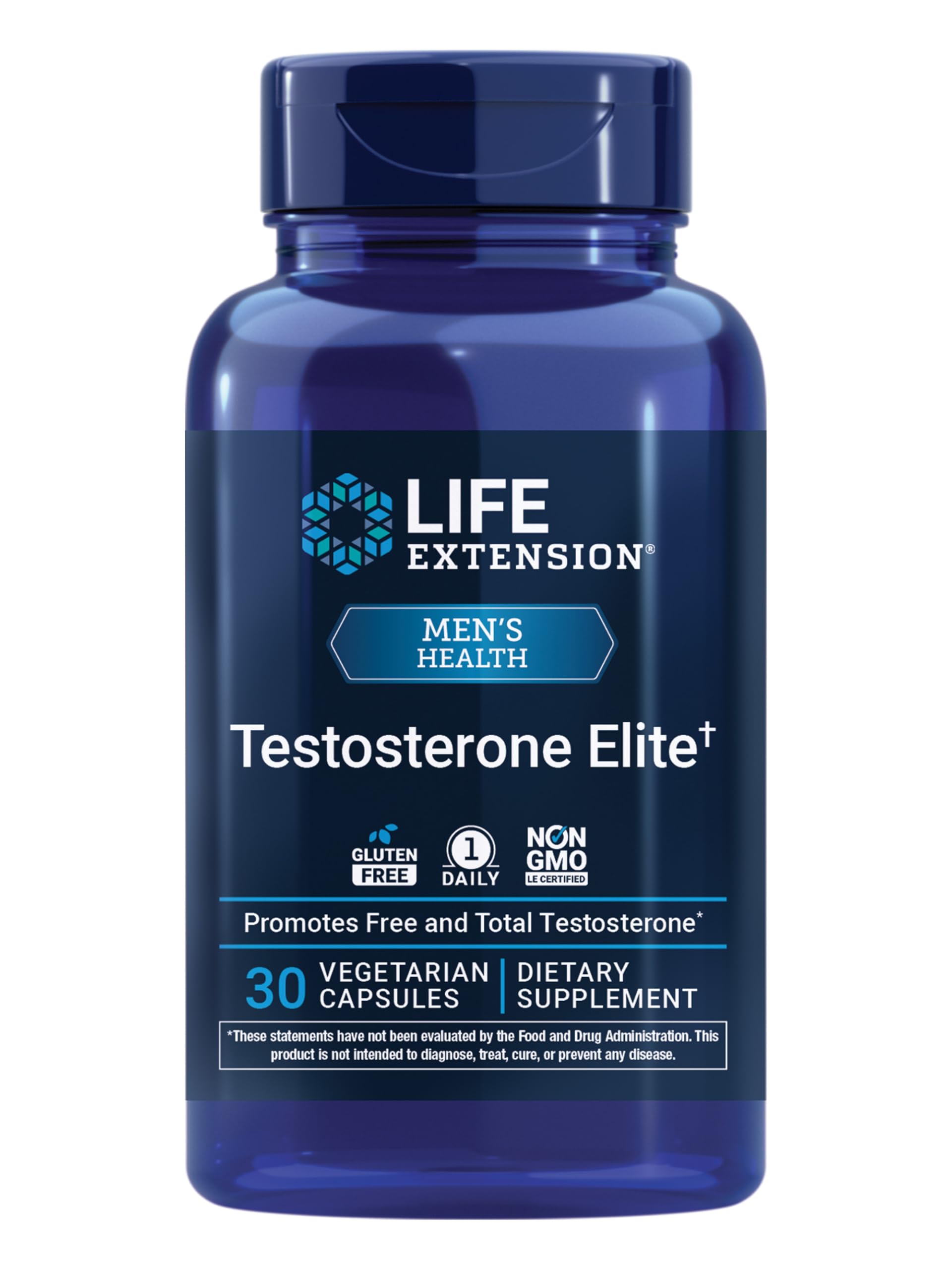 Life Extension Testosterone Elite bottle cap, signaling premium packaging and trust