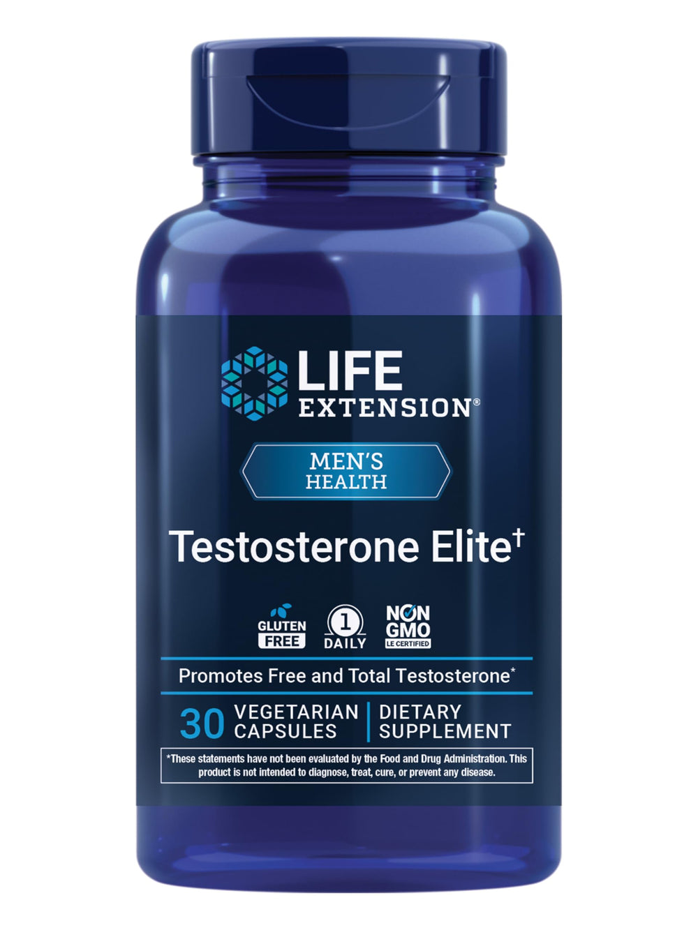 Life Extension Testosterone Elite bottle cap, signaling premium packaging and trust