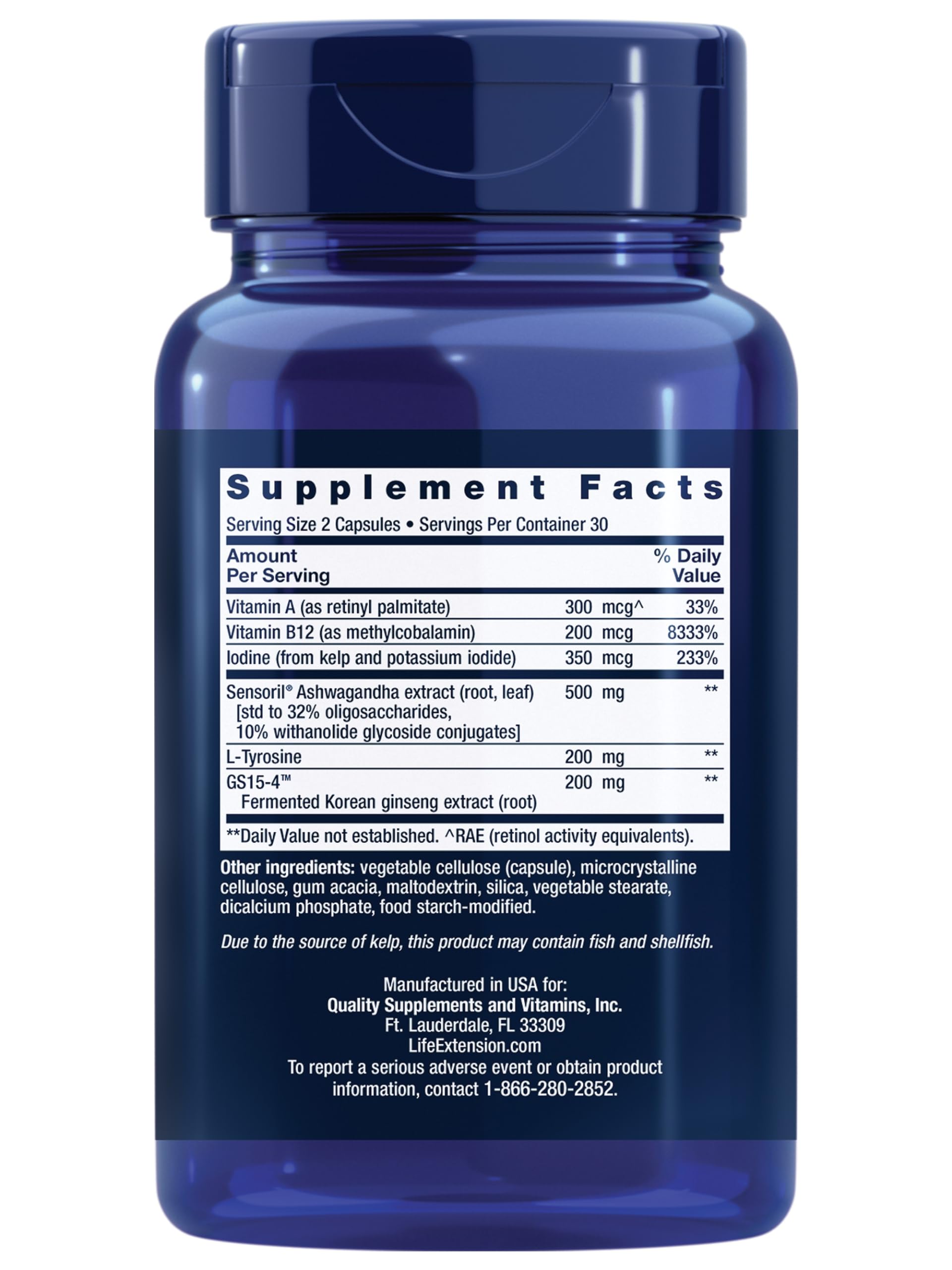 Life Extension Thyroid Support Complex bottle back label highlights ingredients and dosage.