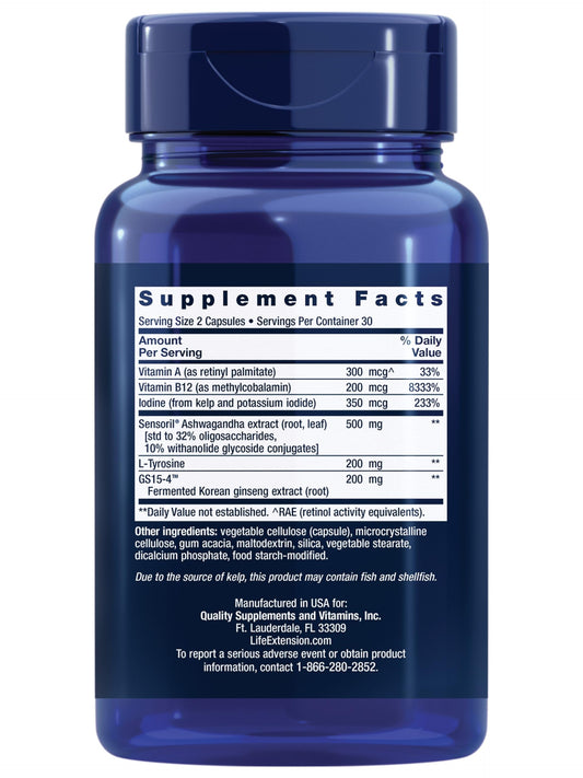 Life Extension Thyroid Support Complex bottle back label highlights ingredients and dosage.