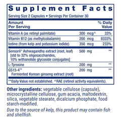 Life Extension Thyroid Support Complex capsules closeup shows gluten-free capsules.