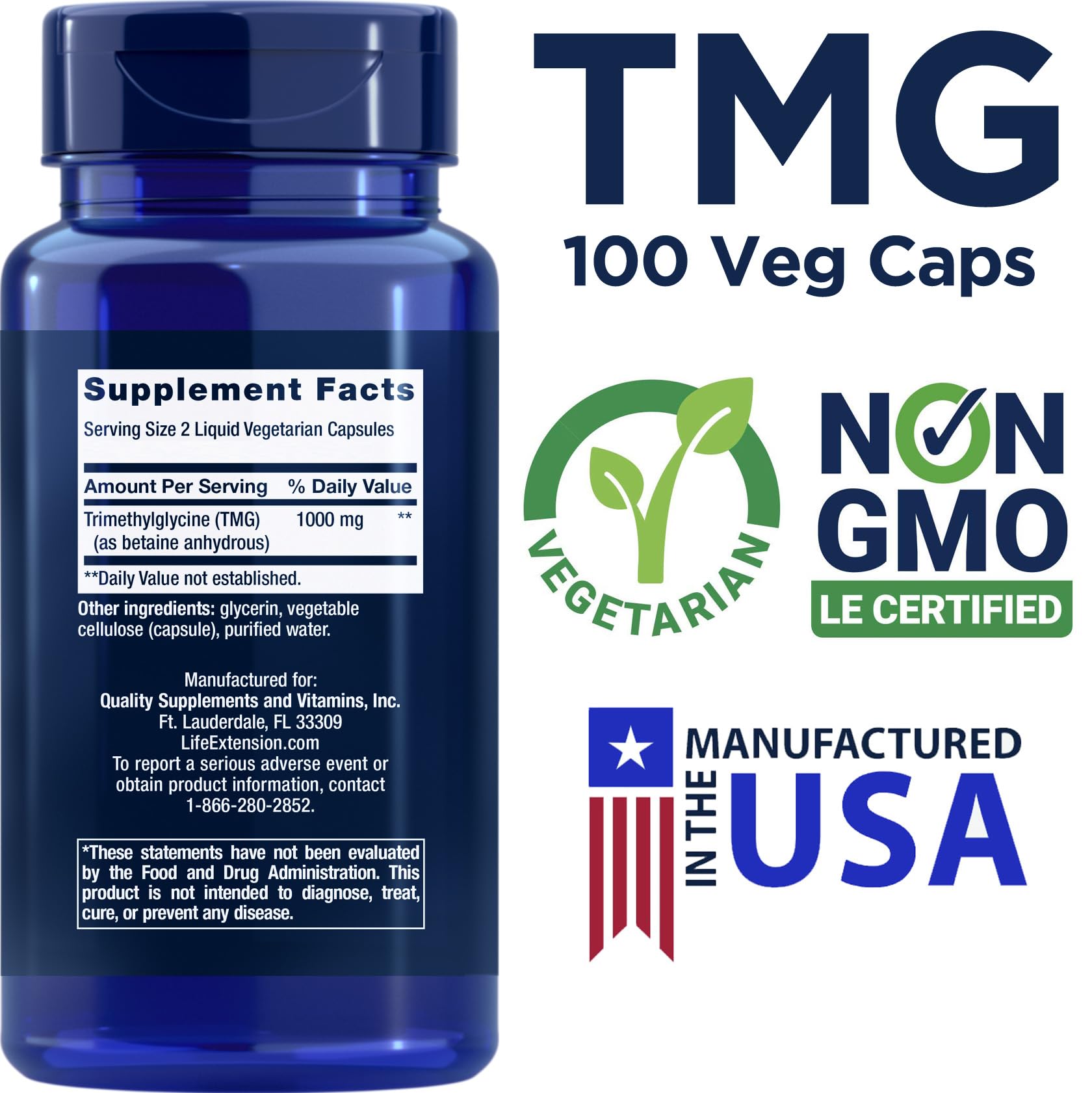 Life Extension TMG capsules close-up highlighting vegetarian capsules for daily support.