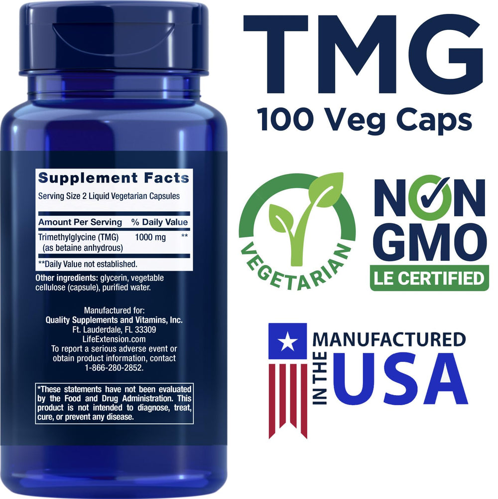 Life Extension TMG capsules close-up highlighting vegetarian capsules for daily support.