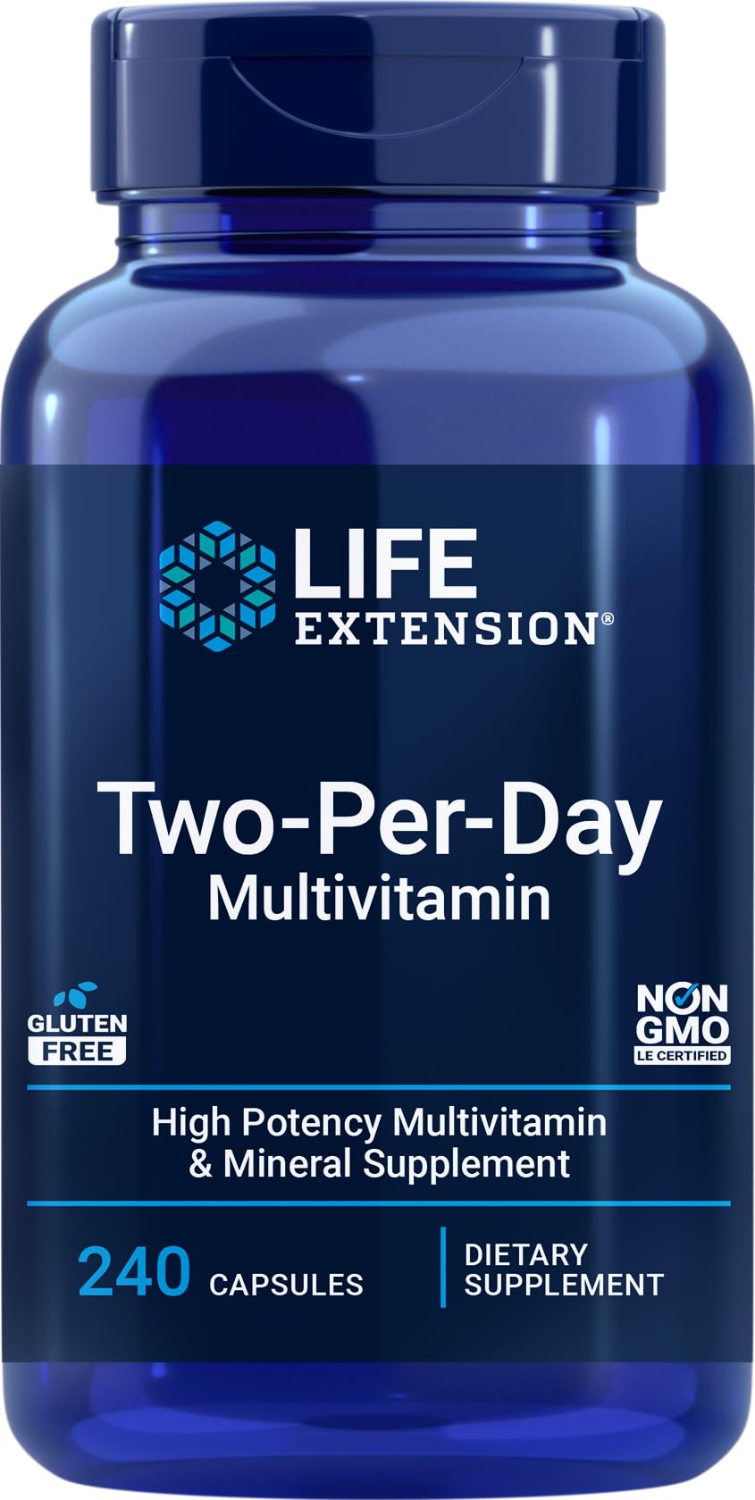 Life Extension Two-Per-Day bottle front, daily wellness support.