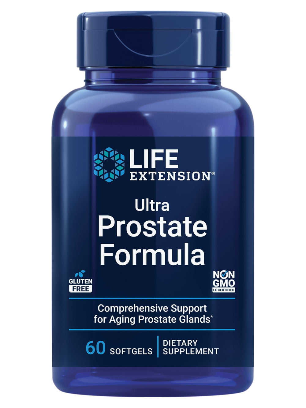 Life Extension Ultra Prostate Formula bottle close-up showing capsule texture for prostate health support