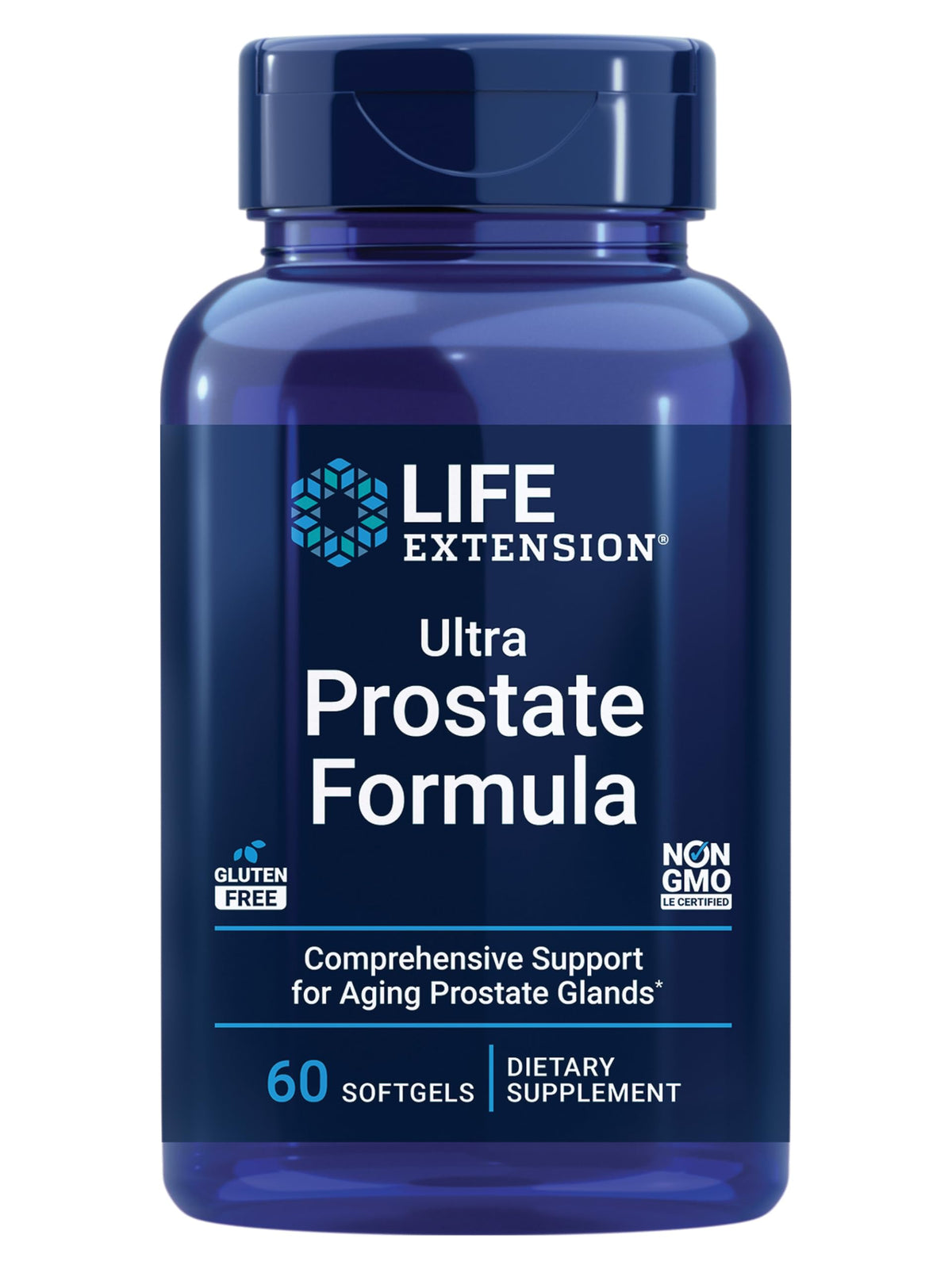 Life Extension Ultra Prostate Formula bottle close-up showing capsule texture for prostate health support
