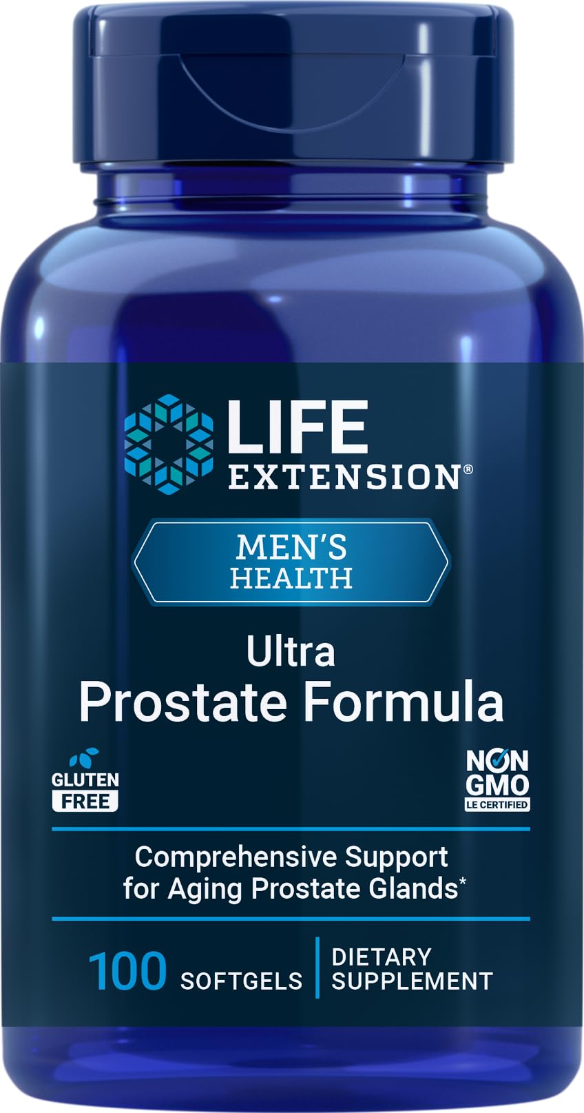 Life Extension Ultra Prostate Formula bottle front showing 100 softgels for urinary support