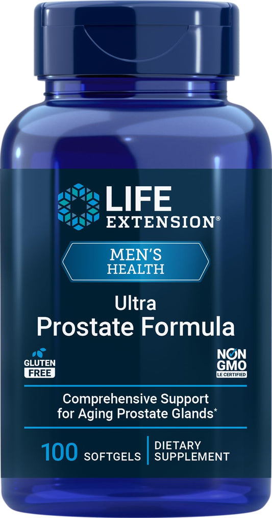 Life Extension Ultra Prostate Formula bottle front showing 100 softgels for urinary support