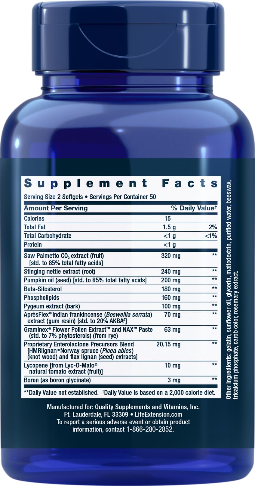 Life Extension Ultra Prostate Formula bottle label, showcasing ingredients for prostate health support.