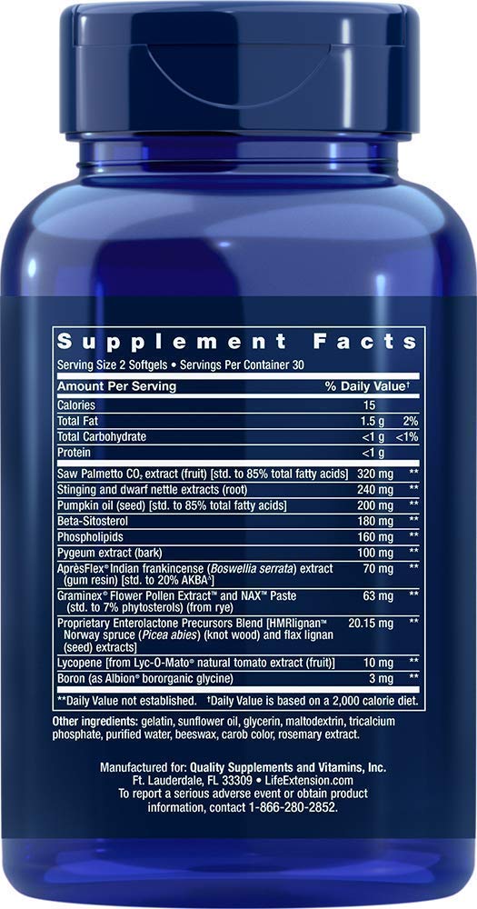 Life Extension Ultra Prostate Softgels ingredient close-up highlighting botanicals