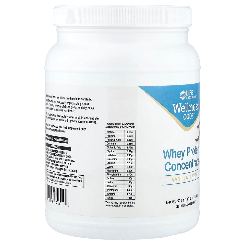Life Extension Wellness Code Whey Protein Vanilla powder ready to mix after workouts