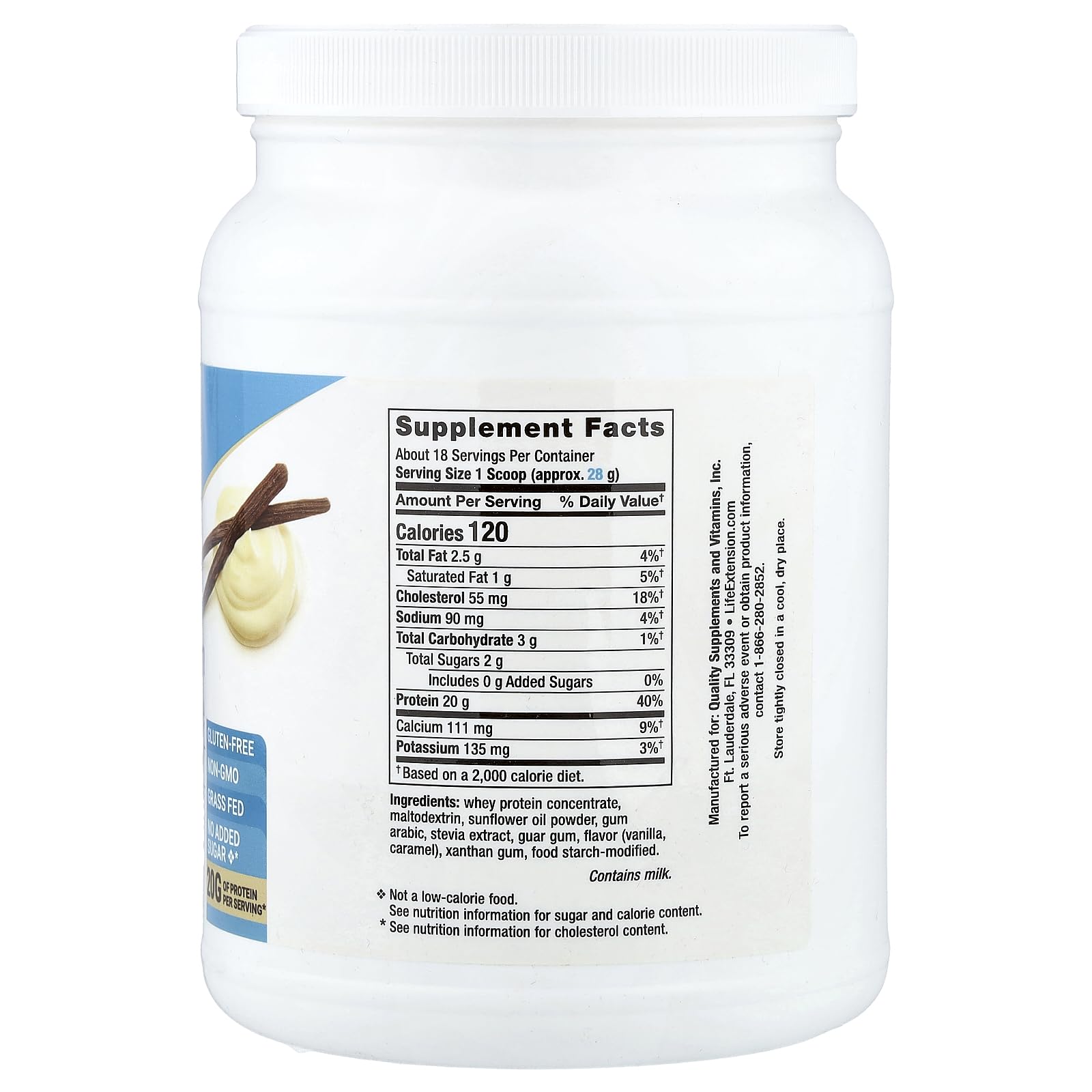 Life Extension Wellness Code Whey Protein Vanilla scoop showing 20g protein per serving